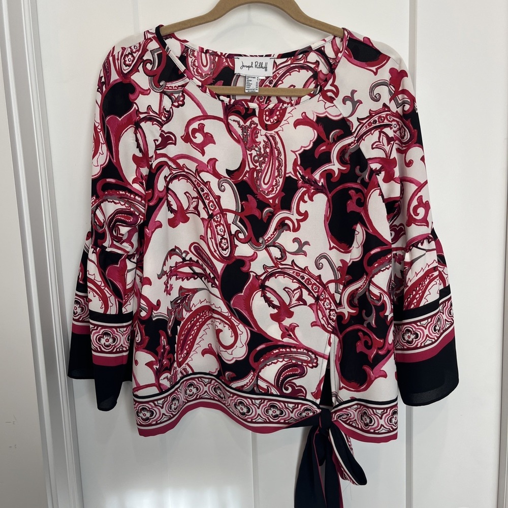 Joseph Ribkoff Vanilla Multi Paisley Pink Tie Side Blouse 3/4 Sleeve Size 4 - Picture 1 of 6